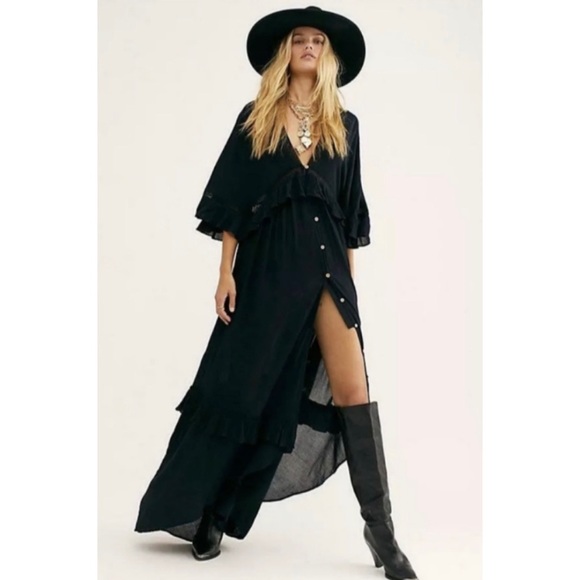 Free People Dresses & Skirts - RARE Free People Oversized Paradiso Ruffled Duster Maxi Dress Black XS NWT